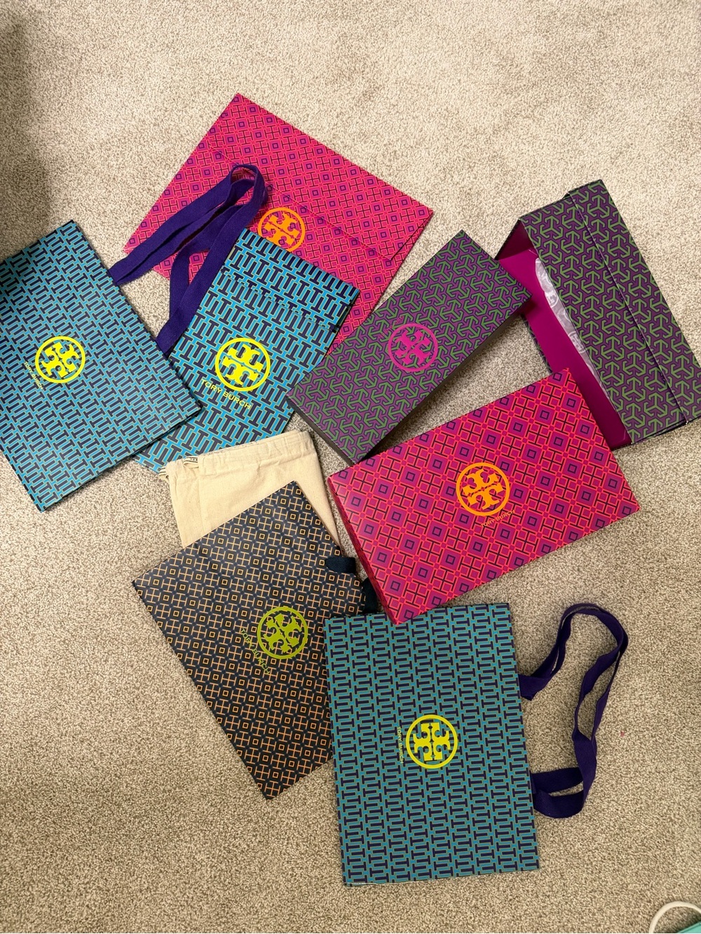 Tory Burch set of various bags, empty boxes, gift bags.